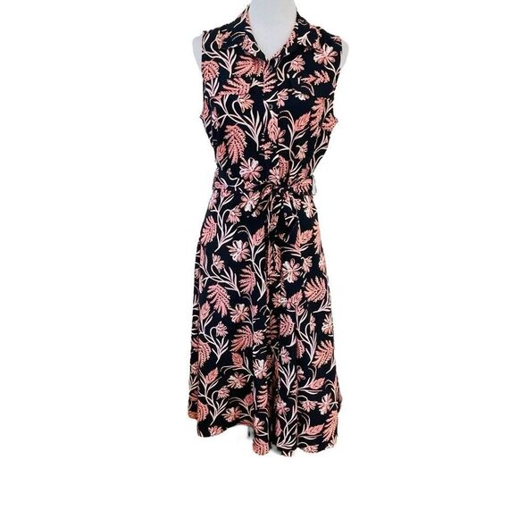 Banana Republic Dresses & Skirts - Banana Republic Navy Blue Coral Floral Midi Button Down Tie Waist Sleeveless Shi